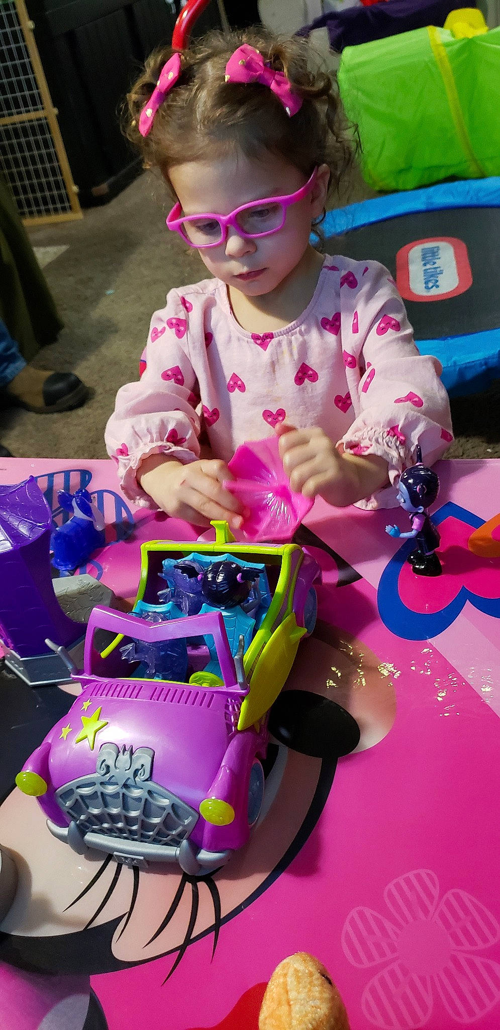 Gwendolynn is registered to the contest to win money with this photo: child, fun, glasses, person, personal_protective_equipment, pink, play, playset, purple, toddler, toy