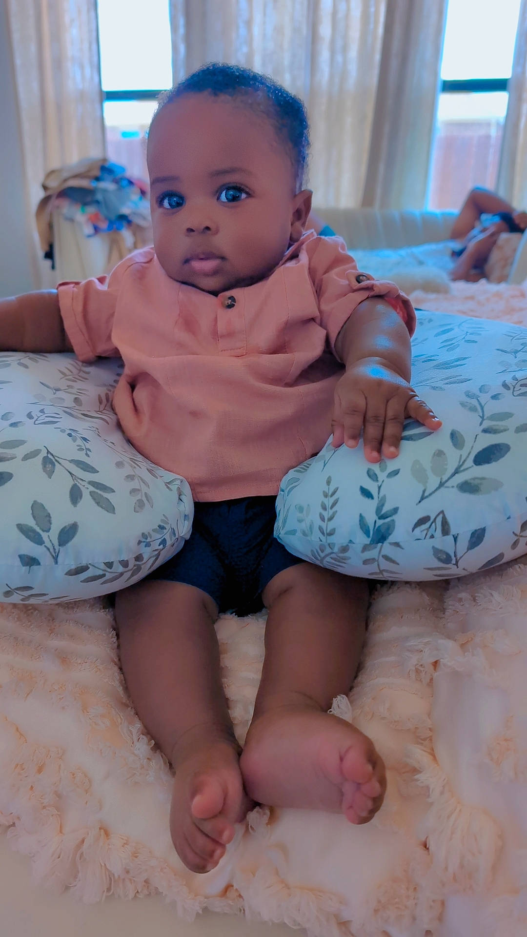 Asher Daniel joined the competition — help win amazing prizes! baby, bed, bedroom, blanket, bodypart, couch, cushion, face, finger, furniture, hand, head, homedecor, indoors, person, photography, portrait, room, sitting, toy