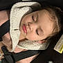 Ashley is registered to the contest to win money with this photo: child, toddler, sleeping, car_seat, seat_belt, pink_sweater, white_collar, face, closed_eyes, earrings, hair, comfort, cozy, indoors, young_child, rest, peaceful, baby, portrait, infant