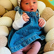 Victoire a rejoint le concours — aidez-le/la à gagner de superbes lots ! baby, infant, newborn, headband, bow, denim_dress, overalls_style, pink_tights, plush_cushions, textured_pillows, hand, fingers, surprised_expression, eyes_open, portrait, closeup, indoor, soft_lighting, cozy, nursery_mat