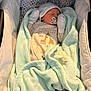 baby, newborn, sleeping, blanket, bassinet, mittens, hat, pacifier, clothing, soft_fabric, cozy, infant, cute, giraffe, knitted_blanket, bed, wrapped, resting, indoors, peaceful