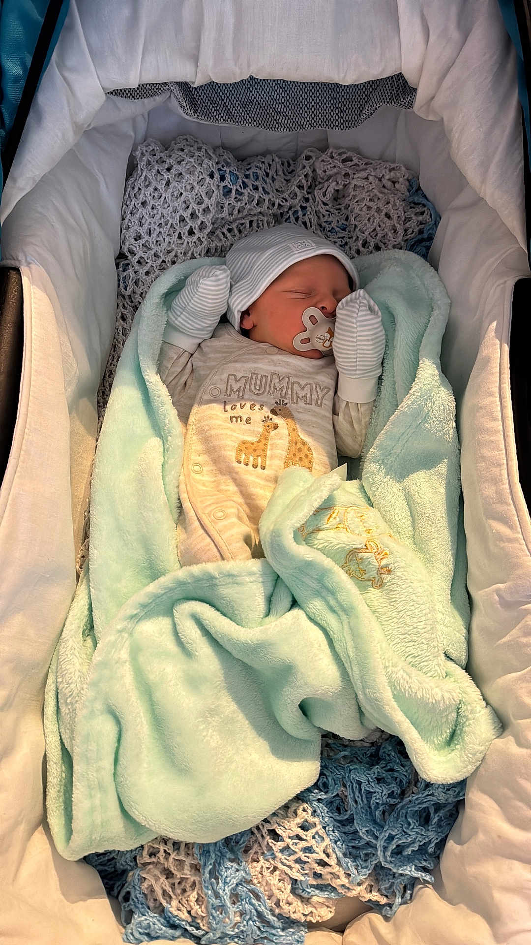 Blu is registered to the contest to win money with this photo: baby, newborn, sleeping, blanket, bassinet, mittens, hat, pacifier, clothing, soft_fabric, cozy, infant, cute, giraffe, knitted_blanket, bed, wrapped, resting, indoors, peaceful