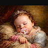 baby, sleeping, pacifier, crown, lace, portrait, child, infant, costume, dress, soft_lighting, peaceful, classic, vintage_style, cute, hands, face, head, indoors, resting