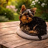 animal, blurred_background, brown, cushion, cute, dog, flower, fluffy, fur, garden, greenery, outdoor, pet, portrait, puppy, resting, small_dog, sunlight, wooden_table, yorkshire_terrier