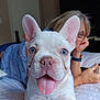 animal, bed, blue_eyes, blurred_background, casual, close_up, cute, dog, french_bulldog, glasses, human, indoor, lying_down, person, pet, puppy, resting, tongue_out, white_dog, young_dog