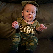 Emberlee is registered to the contest to win money with this photo: baby, child, infant, portrait, smiling, sitting, couch, bow, headband, camouflage, clothing, daddys_girl, hands, eyes, face, indoor, living_room, furniture, adorable, family