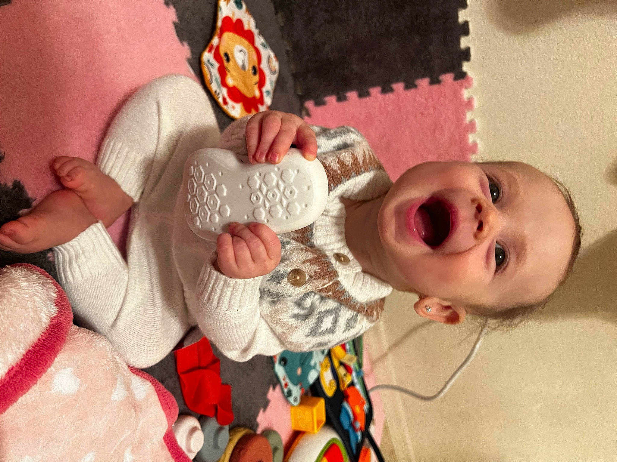 Callie joined the competition — help win amazing prizes! baby, baby_products, baby_toys, carmine, cheek, child, event, eyelash, fun, happy, linens, mouth, nose, person, room, skin, smile, stuffed_toy, textile, toddler