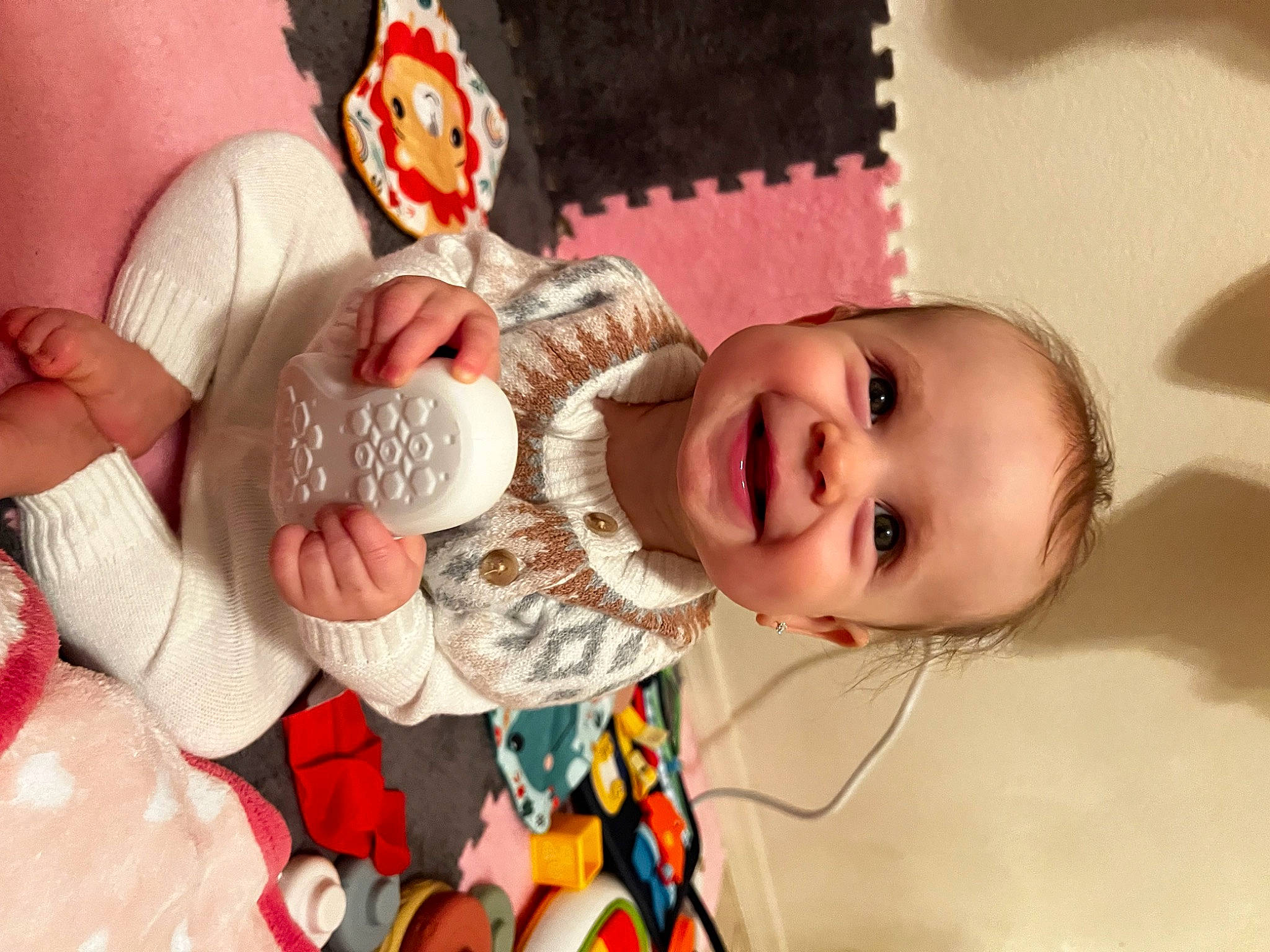 Callie joined the competition — help win amazing prizes! baby, baby_laughing, baby_products, baby_toddler_clothing, baby_toys, cheek, child, eye, fun, hand, happy, headgear, human, joy, mouth, pattern, person, pink, skin, smile
