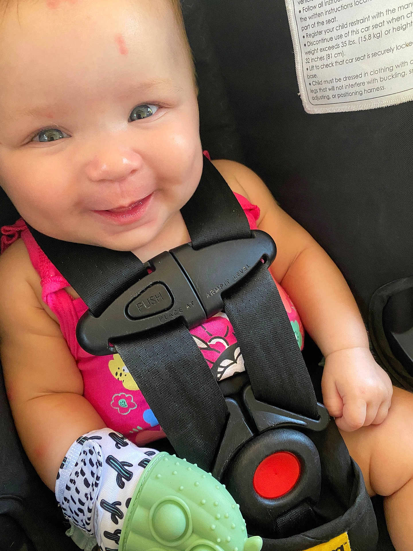 Danielle is registered to the contest to win money with this photo: arm, baby, car_seat, child, closeup, cute, face, hand, happy, harness, indoor, infant, mittens, pink_clothing, portrait, safety, seatbelt, skin, smile, young_child