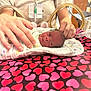 newborn, baby, infant, hospital, incubator, blanket, hands, person, medical, healthcare, care, bed, heart_pattern, wrapped, tubing, equipment, pink, red, white, closeup