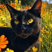 Egypt joined the competition — help win amazing prizes! black_cat, yellow_eyes, cat, flowers, orange_flowers, yellow_flowers, nature, outdoor, sunlight, close_up, animal, feline, whiskers, greenery, field, summer, pet, portrait, daylight, flora