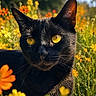 black_cat, yellow_eyes, cat, flowers, orange_flowers, yellow_flowers, nature, outdoor, sunlight, close_up, animal, feline, whiskers, greenery, field, summer, pet, portrait, daylight, flora