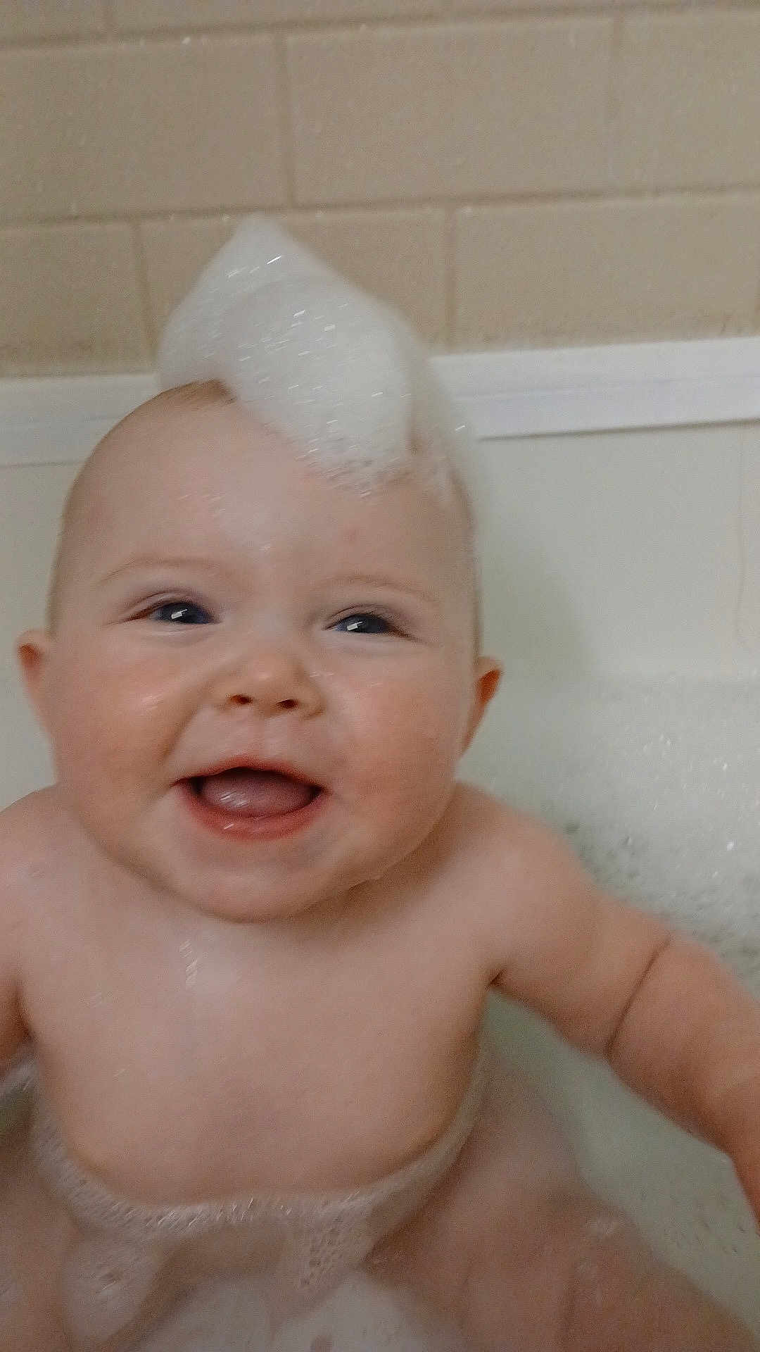 Sage joined the competition — help win amazing prizes! baby, bath, foam, bubbles, smile, happy, child, water, skin, head, face, cute, toddler, indoor, playful, fun, clean, bathroom, joy, expression