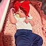 baby, sleeping, red_bow, pacifier, polka_dot, onesie, pants, blanket, crocheted, pink, blue, infant, cute, cozy, resting, newborn, child, soft, indoors, portrait