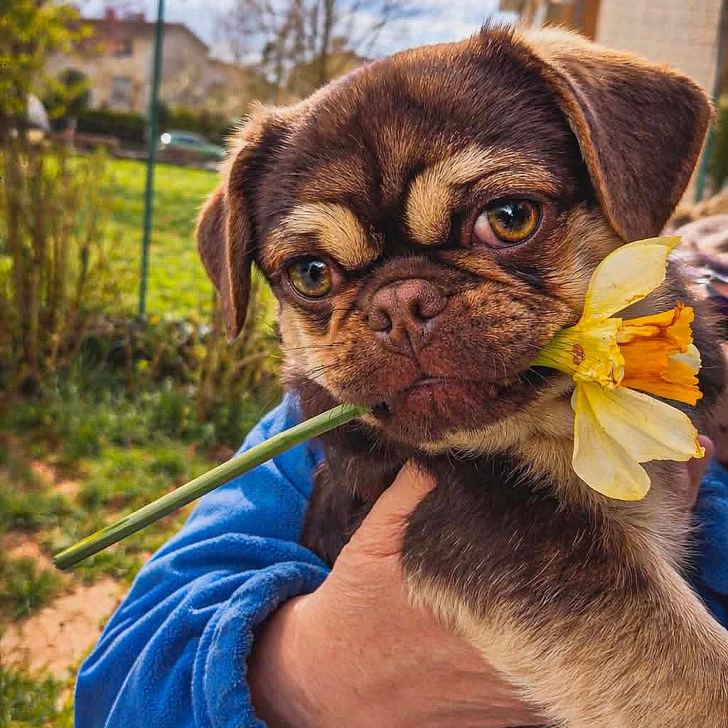 Maui a rejoint le concours — aidez-le/la à gagner de superbes lots ! puppy, dog, flower, yellow_flower, person, hand, blue_sleeve, outdoor, grass, garden, spring, cute, pet, animal, building, sky, cloud, nature, closeup, face