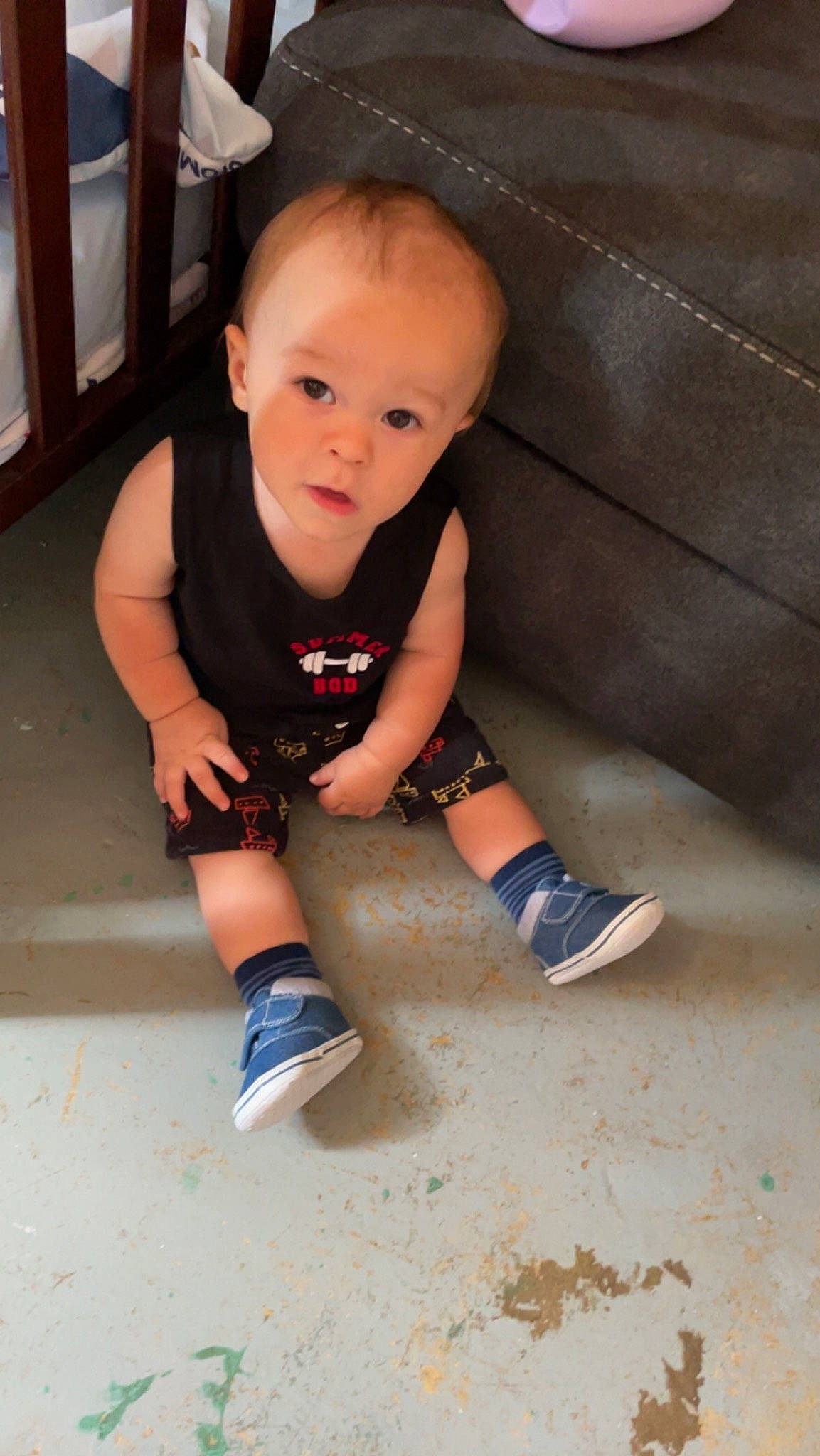 Brandon joined the competition — help win amazing prizes! baby, baby_toddler_clothing, child, eye, finger, floor, flooring, foot, fun, hardwood, human_leg, knee, leg, person, shorts, sleeve, sock, standing, surprise, t_shirt