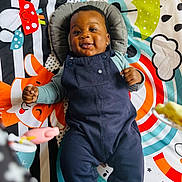 Elia participe au concours pour gagner de l'argent avec cette photo : baby, infant, smiling, play_mat, colorful, overalls, clothing, face, happy, lying_down, child, toy, patterned, indoor, cute, person, toddler, blue_clothing, skin, playtime