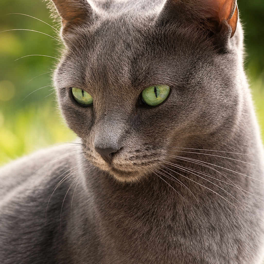 Lady June a rejoint le concours — aidez-le/la à gagner de superbes lots ! cat, gray_cat, close_up, green_eyes, whiskers, fur, animal, pet, outdoor, nature, portrait, mammal, cute, feline, soft_light, focused, ears, face, domestic_cat, wildlife