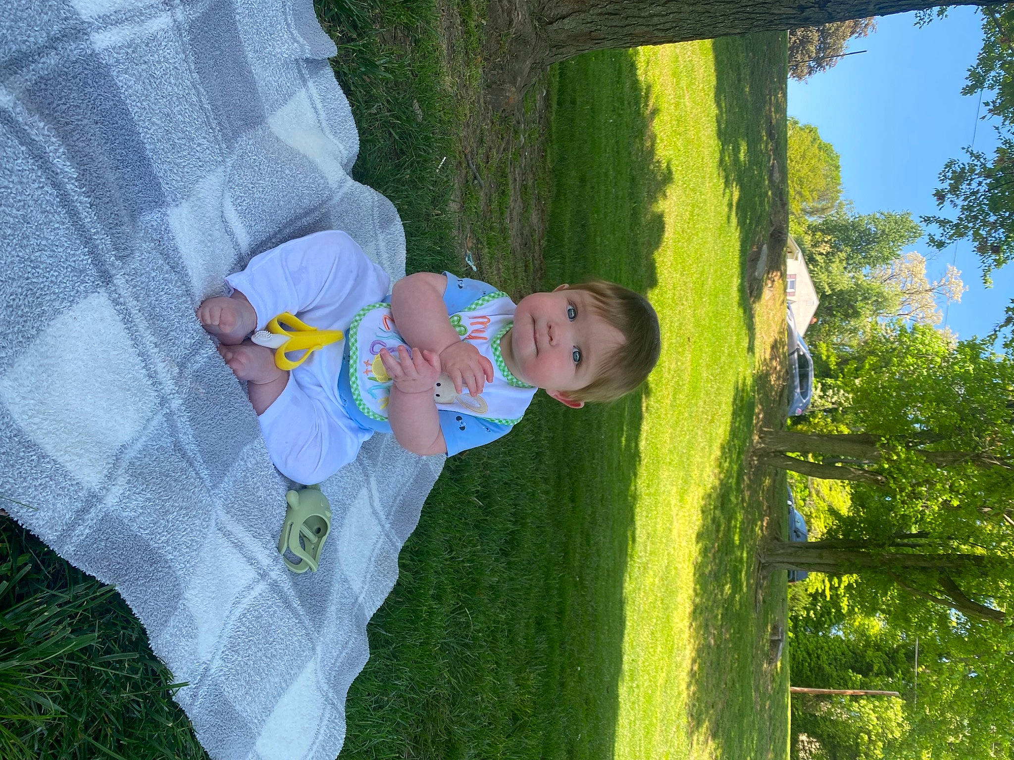 Drew joined the competition — help win amazing prizes! baby, baby_toddler_clothing, child, fun, garden, grass, grass_family, green, happy, lawn, leaf, leisure, people_in_nature, person, plant, sitting, sky, spring, toddler, tree