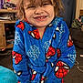 Owen is registered to the contest to win money with this photo: child, smiling, blue_robe, spiderman_pattern, indoor, messy_hair, happy, portrait, cozy, childhood, casual, carpet, furniture, toy, home, person, cute, warm, playful, expression