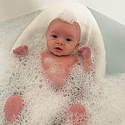 Julian is registered to the contest to win money with this photo: baby, infant, bathtub, bubbles, foam, towel, water, portrait, face, eyes, hands, feet, skin, bath_time, white_background, head, bubble_hat, relaxation, cute, suds