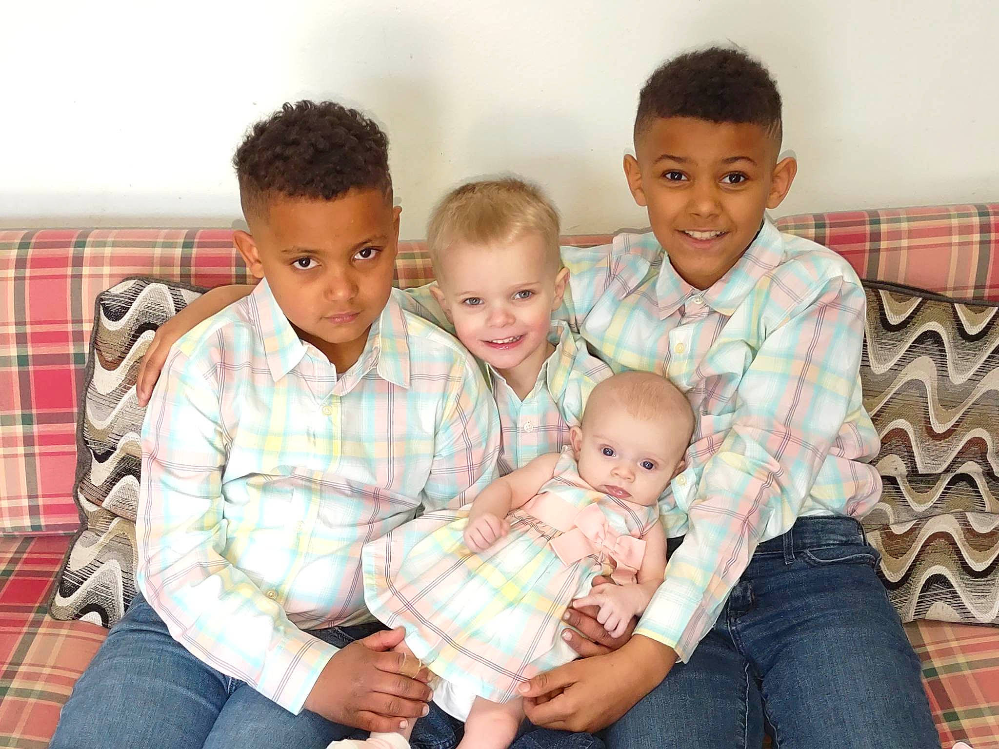 Kaydence joined the competition — help win amazing prizes! baby, child, comfort, couch, event, fun, happy, jeans, joy, lap, leg, organ, people, person, plaid, sharing, sitting, skin, smile, t_shirt