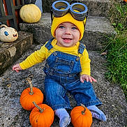 Robert joined the competition — help win amazing prizes! baby, child, concrete, costume, cute, denim, fall, goggles, grass, halloween, happy, minion, outdoor, overalls, pumpkin, seasonal, smiling, steps, toddler, yellow_hat
