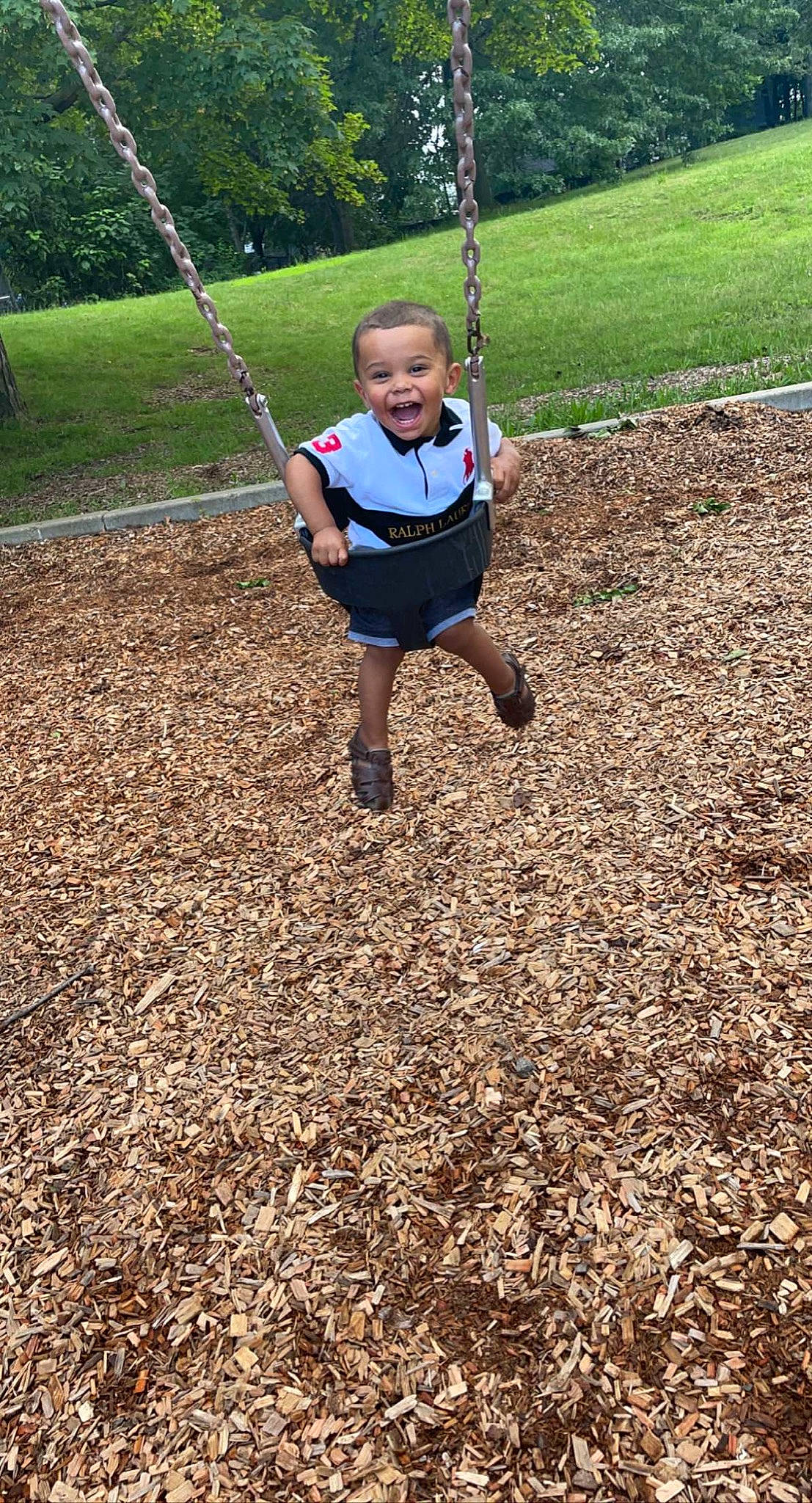 Demetrius is registered to the contest to win money with this photo: city, electric_blue, fun, grass, happy, leaf, leisure, outdoor_play_equipment, people_in_nature, person, plant, play, playground, playing_sports, recreation, smile, soil, swing, toddler, tree