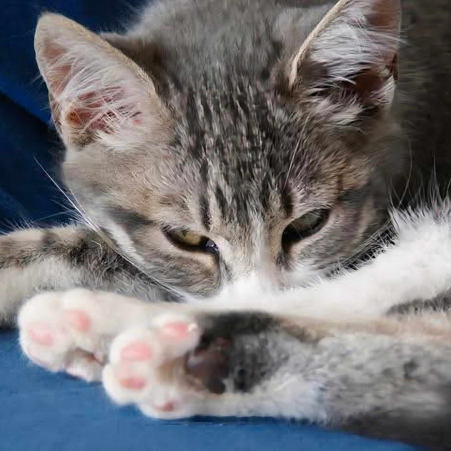 Grisou participe au concours pour gagner de l'argent avec cette photo : cat, tabby, sleeping, sleepy, close_up, paws, pink_paw_pads, furry, gray_fur, whiskers, ears, face, animal, pet, relaxed, cozy, blue_background, lying_down, portrait, soft_focus