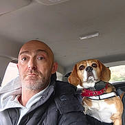 Pixel a rejoint le concours — aidez-le/la à gagner de superbes lots ! man, dog, beagle, car_interior, seatbelt, jacket, hoodie, collar, pet, vehicle, window, head, face, animal, travel, road_trip, portrait, expression, indoor, seated