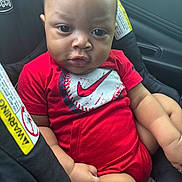 Djuantay joined the competition — help win amazing prizes! arm, baby, car_interior, car_seat, child, closeup, cute, expression, face, hand, infant, leg, nike_logo, person, portrait, red_clothing, safety, seat, seatbelt_warning, sitting