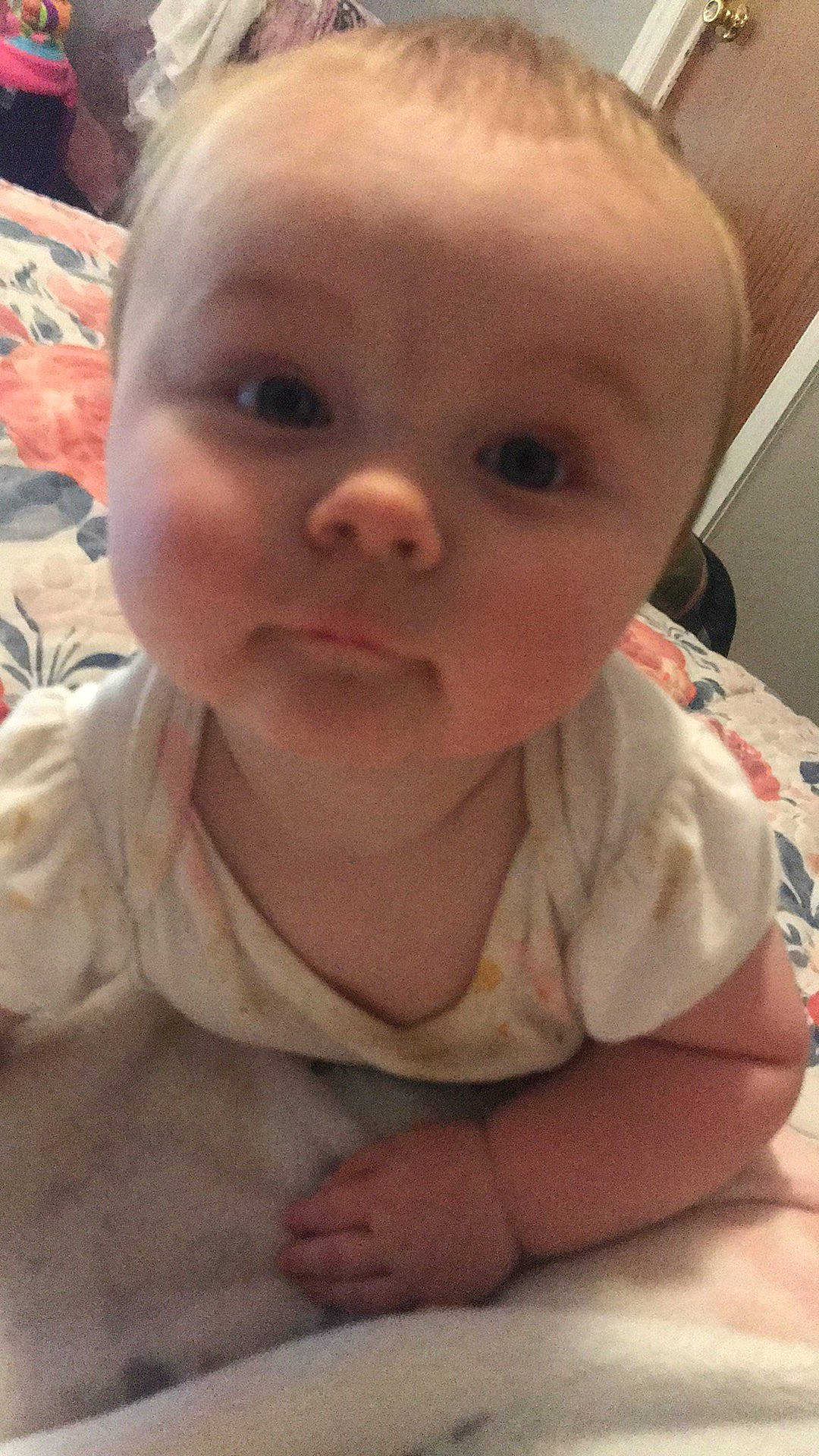 Nevaeh is registered to the contest to win money with this photo: baby, baby_toddler_clothing, cheek, child, chin, comfort, ear, eyebrow, finger, flooring, fun, iris, linens, lip, mouth, nose, person, skin, sleeve, thumb