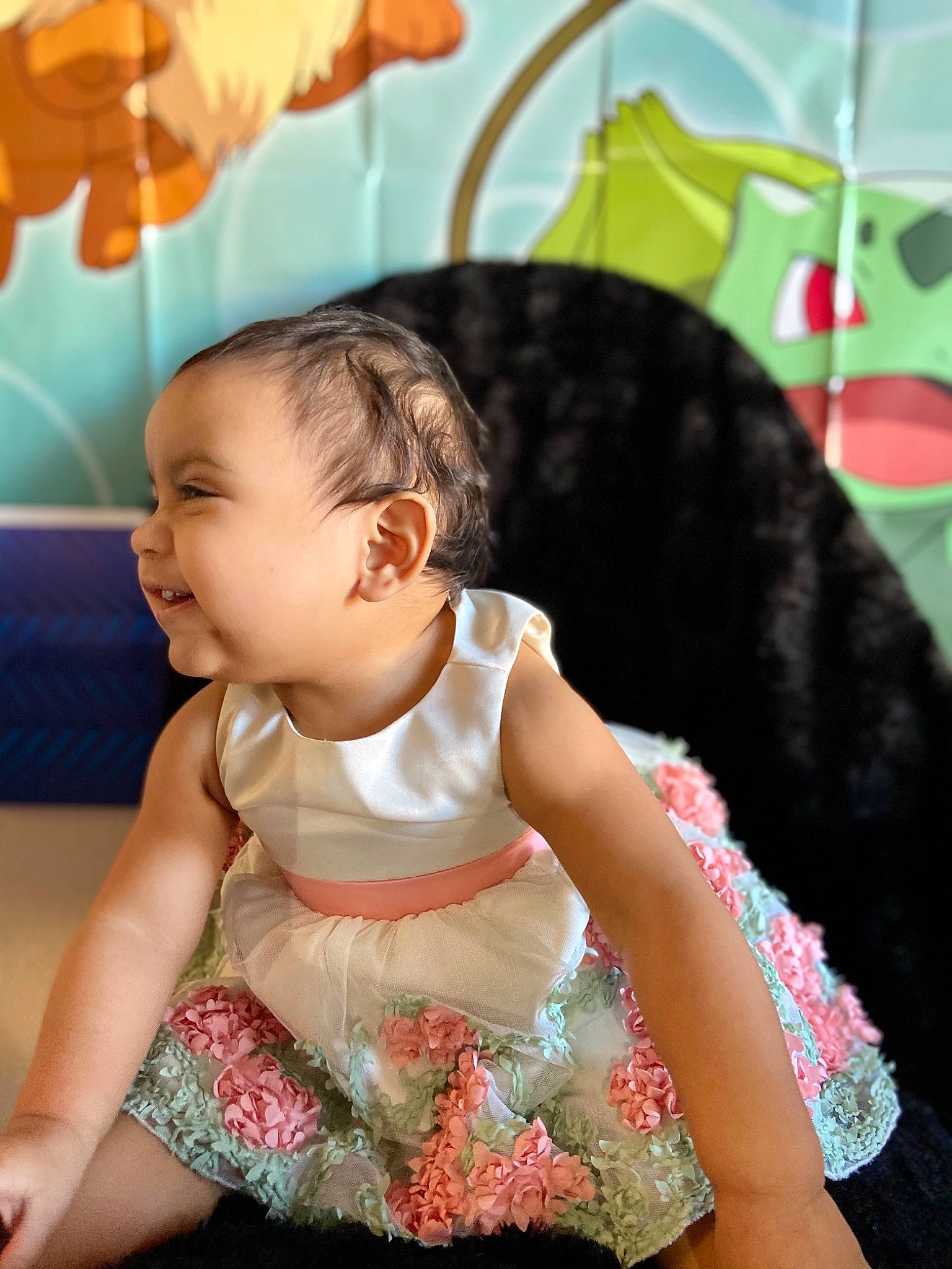 Zelda joined the competition — help win amazing prizes! baby, baby_toddler_clothing, cheek, child, day_dress, dress, embellishment, finger, fun, green, happy, human_body, pattern, person, pink, play, sitting, skin, sleeve, smile