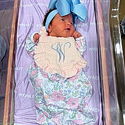 Wrenley is registered to the contest to win money with this photo: newborn, baby, infant, child, portrait, sleeping, awake, face, blue_bow, headband, floral_clothing, blanket, bassinet, crib, purple, pink, nursery, lying_down, cute, close_up
