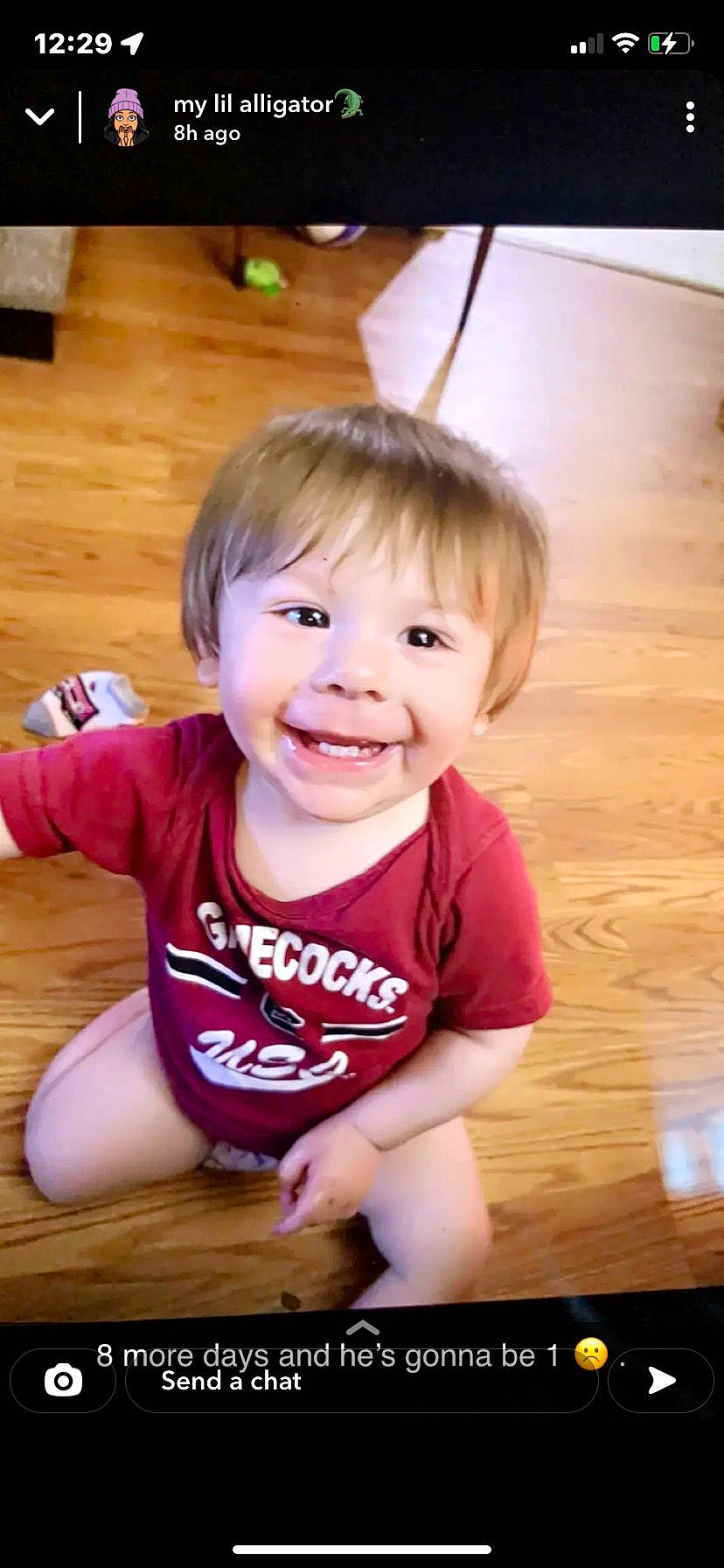 Cayson is registered to the contest to win money with this photo: arm, baby, baby_toddler_clothing, cheek, child, finger, floor, flooring, fun, happy, hardwood, iris, joy, nose, person, skin, sleeve, smile, t_shirt, toddler