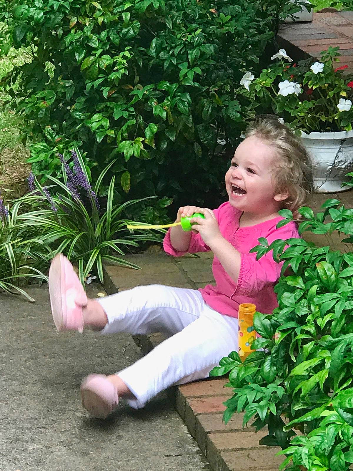 Delyla joined the competition — help win amazing prizes! botany, child, finger, flower, garden, gardening, grass, landscaping, leg, person, pink, plant, play, shrub, spring, toddler, yard