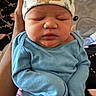 newborn, baby, infant, sleeping, hat, blue_clothing, hand, elephant_pattern, cute, cozy, portrait, indoor, peaceful, small, child, soft_light, resting, human, person, closeup