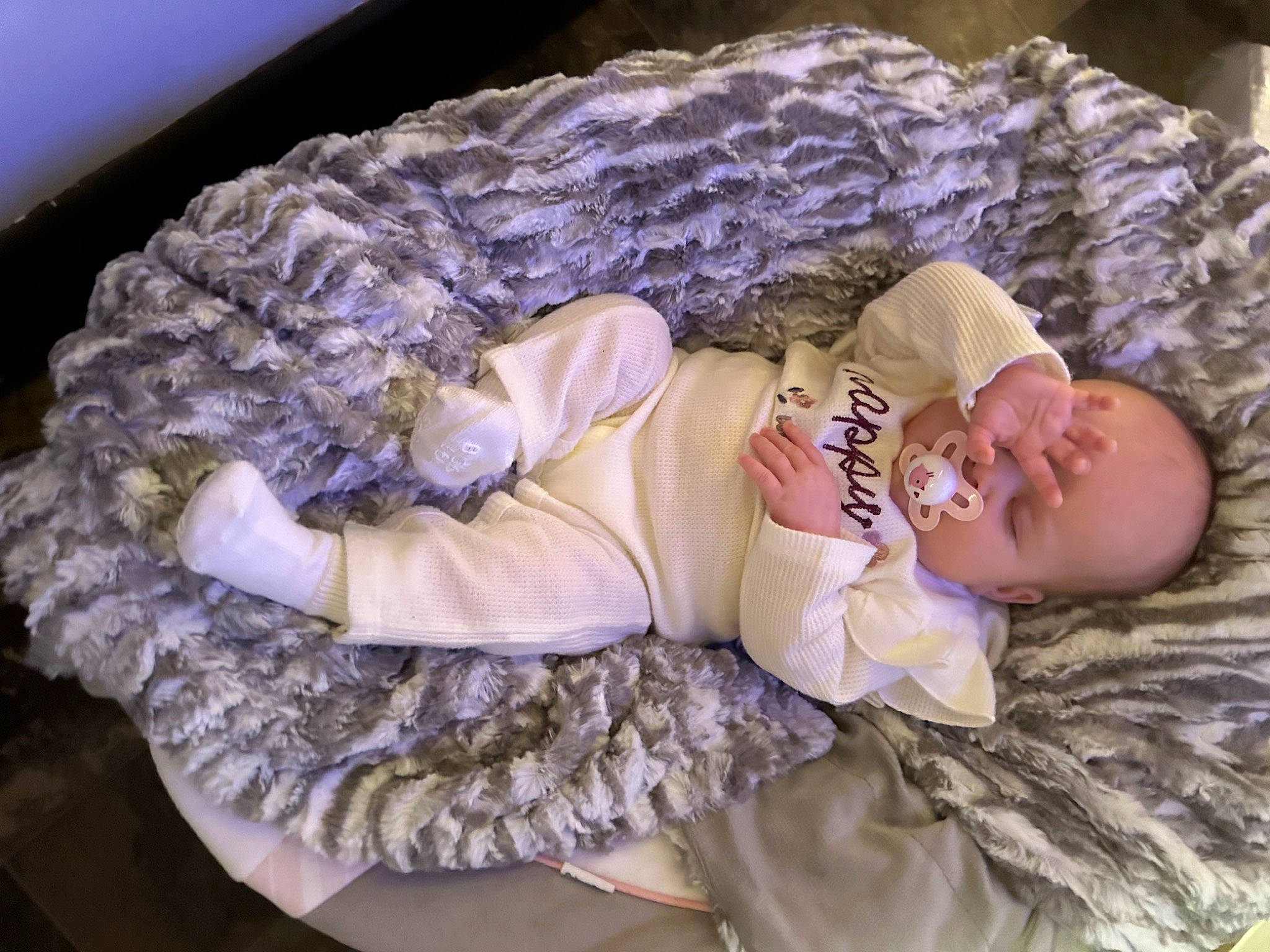 Oaklee joined the competition — help win amazing prizes! baby, baby_products, baby_toddler_clothing, bed, bedding, bedtime, child, comfort, fur, grass, linens, nap, pattern, person, pink, purple, room, sitting, sleeve, textile