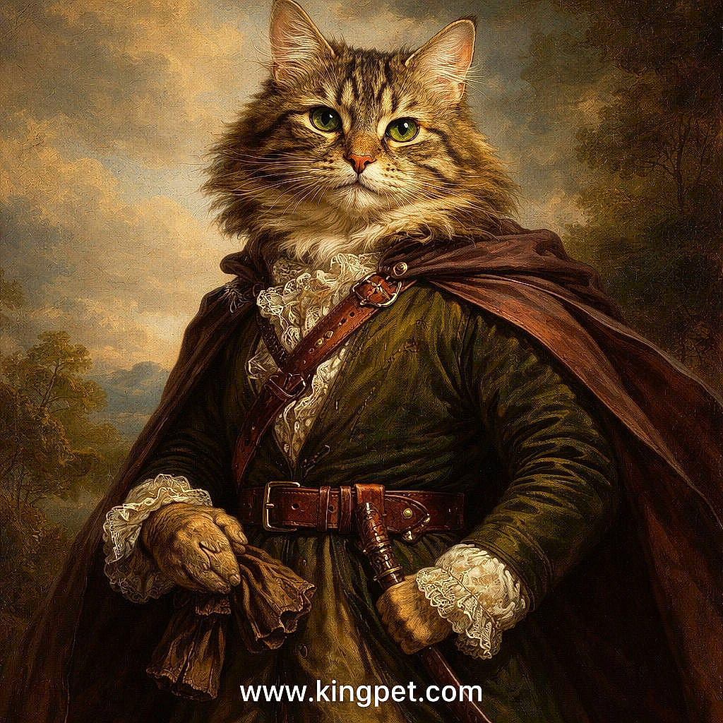 animal, cape, cat, cloth, cloth_detail, cloudy_sky, costume, face, fancy, fur, green_eyes, hands, historical_clothing, mammal, noble, outdoor, portrait, trees, vintage_style, whiskers