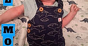 Noah is registered to the contest to win money with this photo: baby, infant, one_month, blanket, dinosaur_pattern, romper, shark_pattern, clothing, lying_down, cute, young_child, portrait, child, newborn, face, skin, head, small, milestone, text_overlay