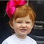 Mckinley joined the competition — help win amazing prizes! child, toddler, red_hair, bow, pink_bow, white_shirt, face, expression, funny_face, portrait, person, cute, smile, earrings, headwear, outdoor, young_child, hair, childhood, baby
