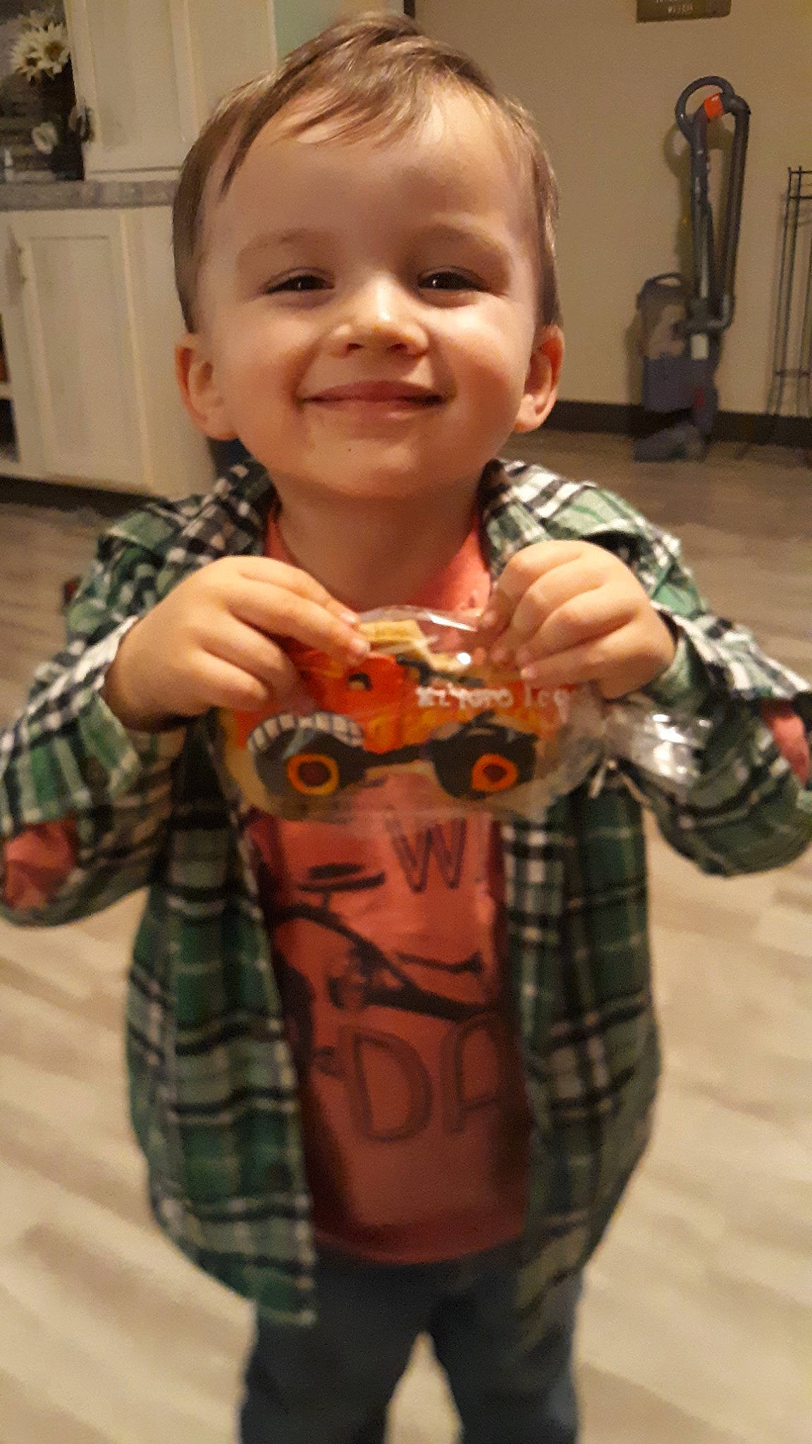 Kolby joined the competition — help win amazing prizes! arm, child, design, joy, pattern, person, plaid, play, smile, toddler