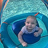 Adriel is registered to the contest to win money with this photo: baby, child, swim_float, pool, water, smile, happy, blue, canopy, sunlight, outdoor, infant, sitting, floating, playful, summer, water_reflection, person, cute, swimming