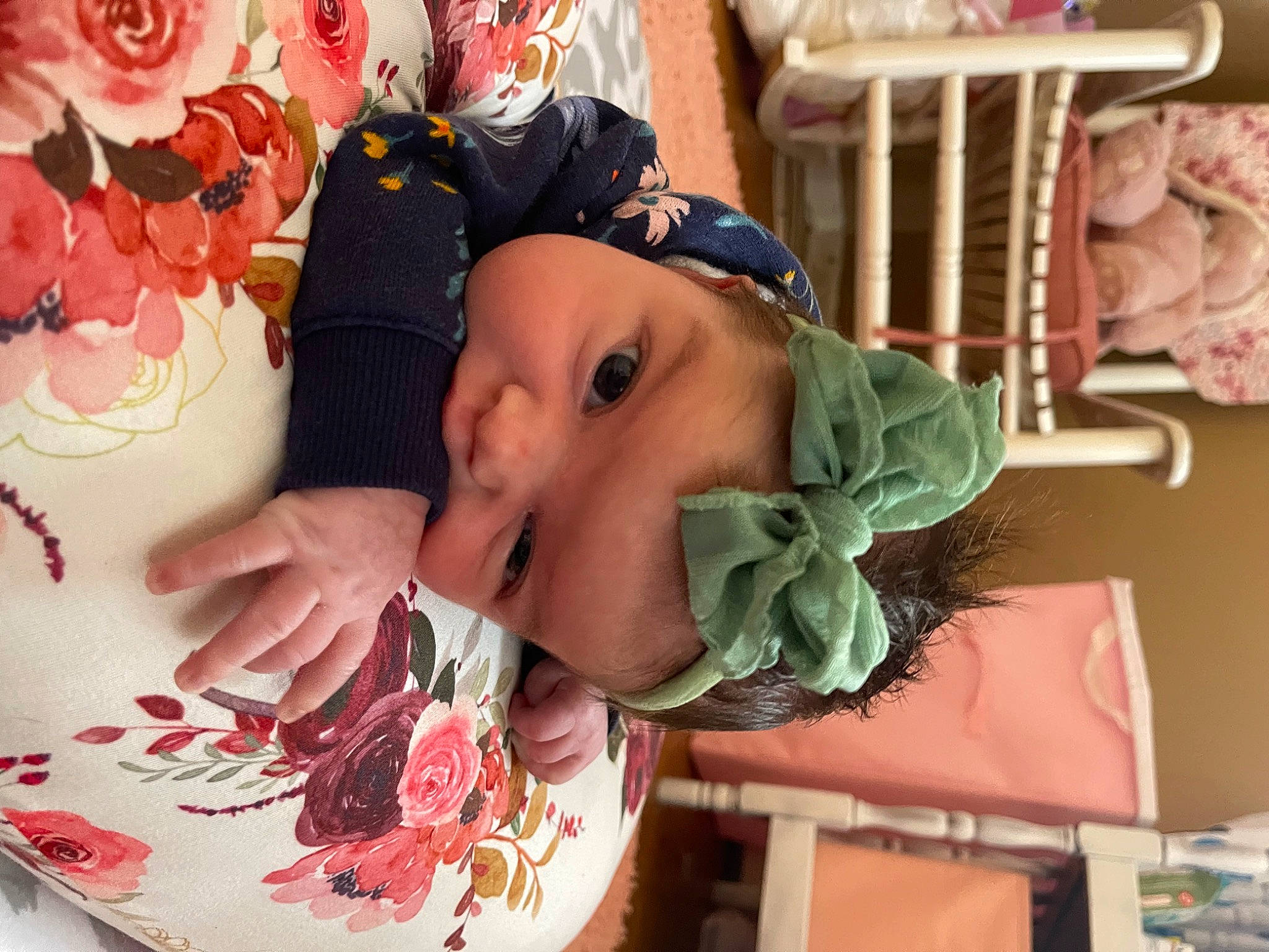 Scarlett joined the competition — help win amazing prizes! baby, baby_toddler_clothing, cheek, child, comfort, eyelash, happy, headwear, linens, mouth, pattern, peach, person, petal, pink, room, rose, skin, stuffed_toy, textile