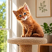 Nala is registered to the contest to win money with this photo: kitten, cat, orange_cat, blue_eyes, scratching_post, indoor, sunlight, window, plant, furniture, cozy, cute, pet, furry, young_animal, portrait, domestic, home, relaxed, soft_texture