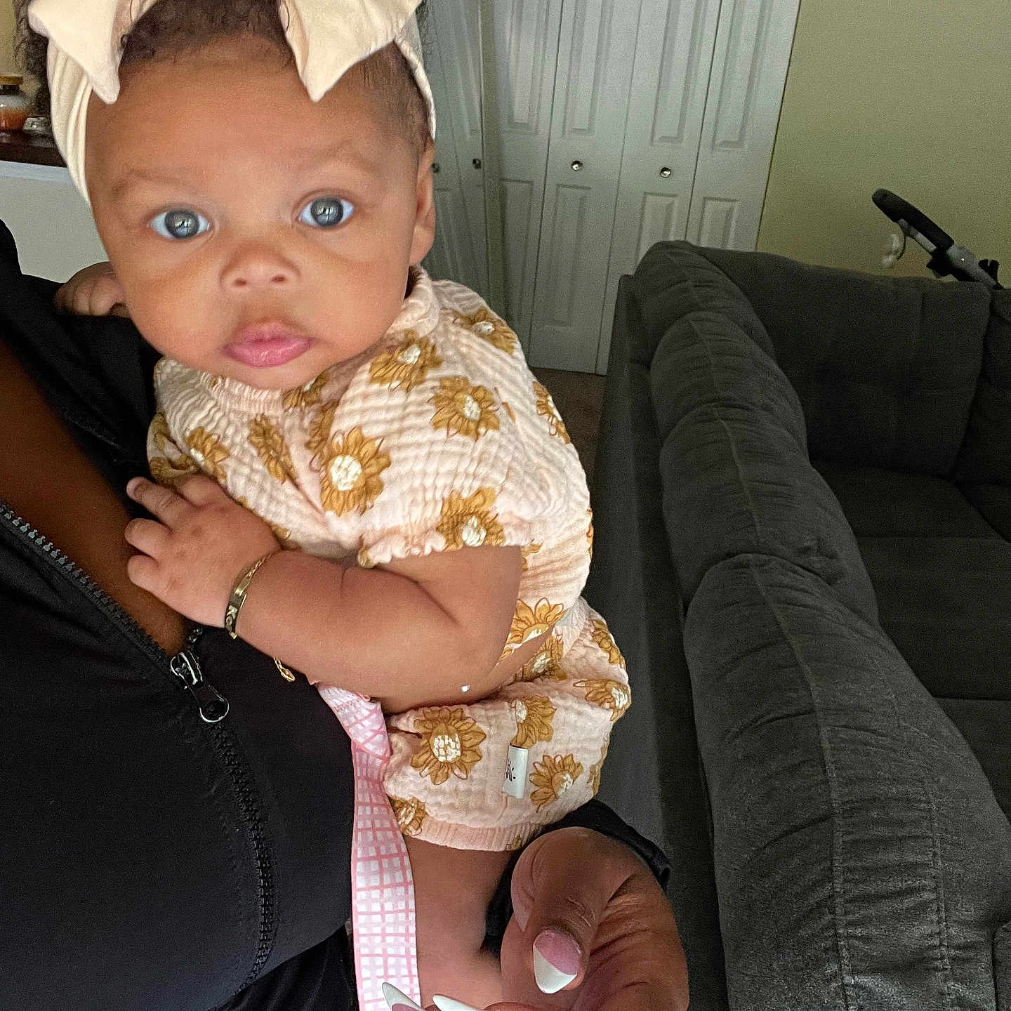 Koa joined the competition — help win amazing prizes! accessories, baby, bodypart, bracelet, clothing, couch, cushion, face, finger, furniture, hat, head, homedecor, jewelry, pants, people, person, photography, portrait, sitting