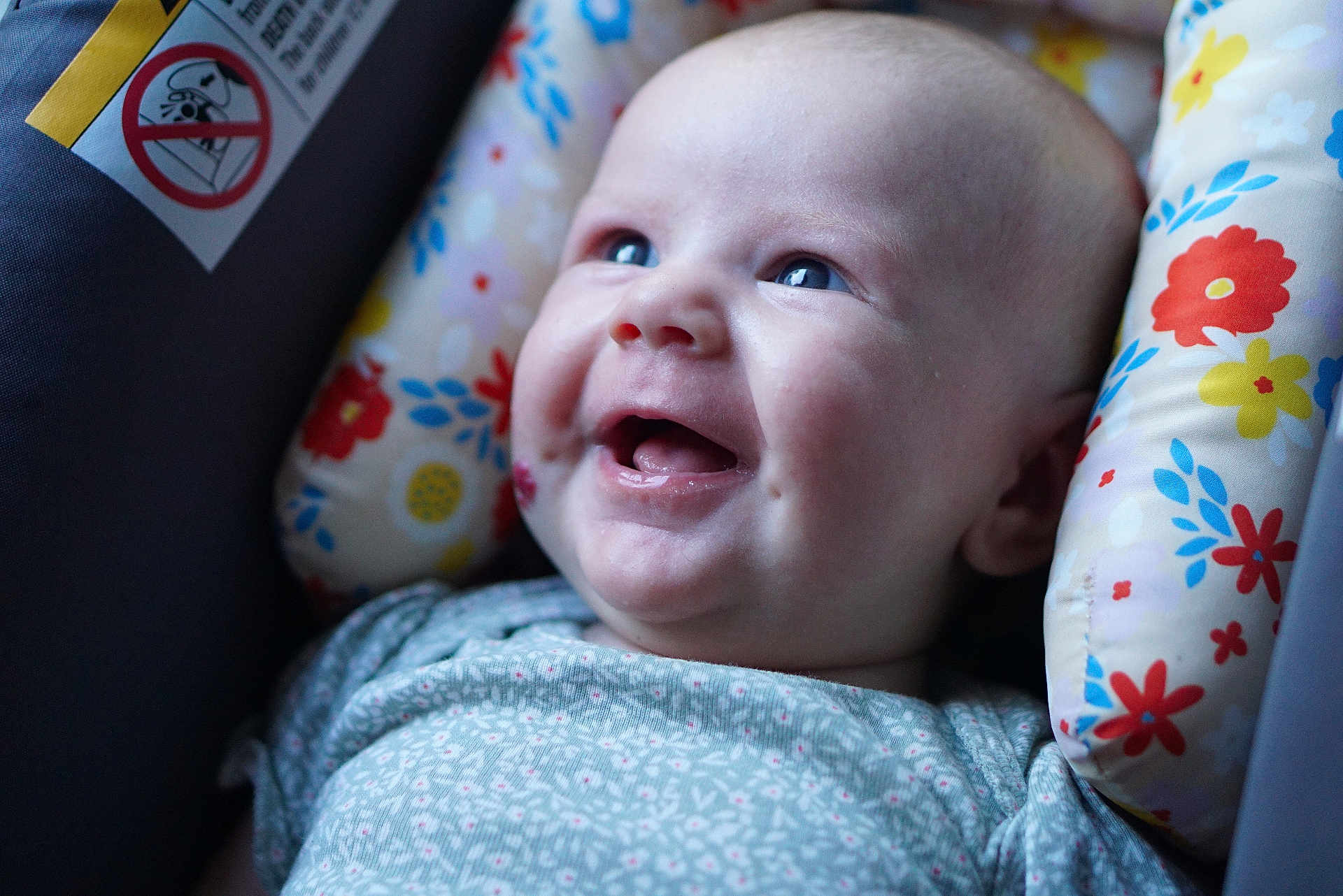 Willow is registered to the contest to win money with this photo: baby, infant, smiling, face, blue_eyes, clothing, floral_pattern, cushion, colorful, closeup, portrait, happy, cheeks, dimple, head, seat, fabric, indoors, expression, child
