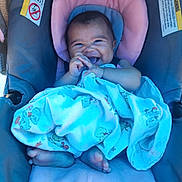 Azalea joined the competition — help win amazing prizes! baby, car_seat, blanket, smiling, infant, cute, happy, child, face, feet, pink, blue, clothing, portrait, indoors, seated, wrapped, comfort, cute_expression, infant_toddler