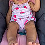baby, smiling, infant, car_seat, pink_outfit, watermelon_pattern, happy, cute, child, portrait, skin, feet, arm, seat, sunlight, relaxing, baby_clothing, infant_portrait, child_outdoor, baby_smile