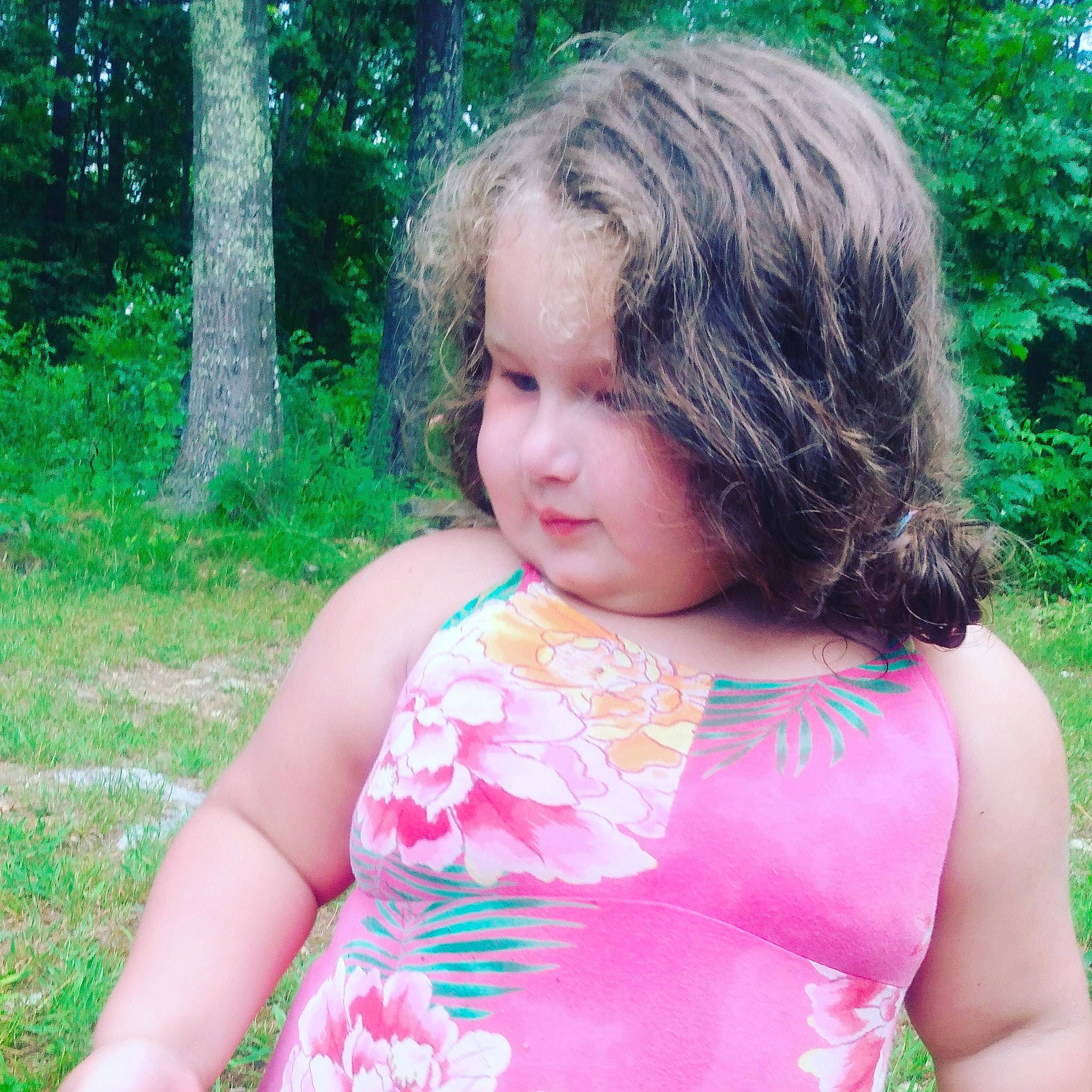 Marleigh joined the competition — help win amazing prizes! botany, brown_hair, child, dress, face, grass, green, hair, leaf, pattern, person, pink, plant, shoulder, spring, summer, sunlight, toddler, tree, vacation
